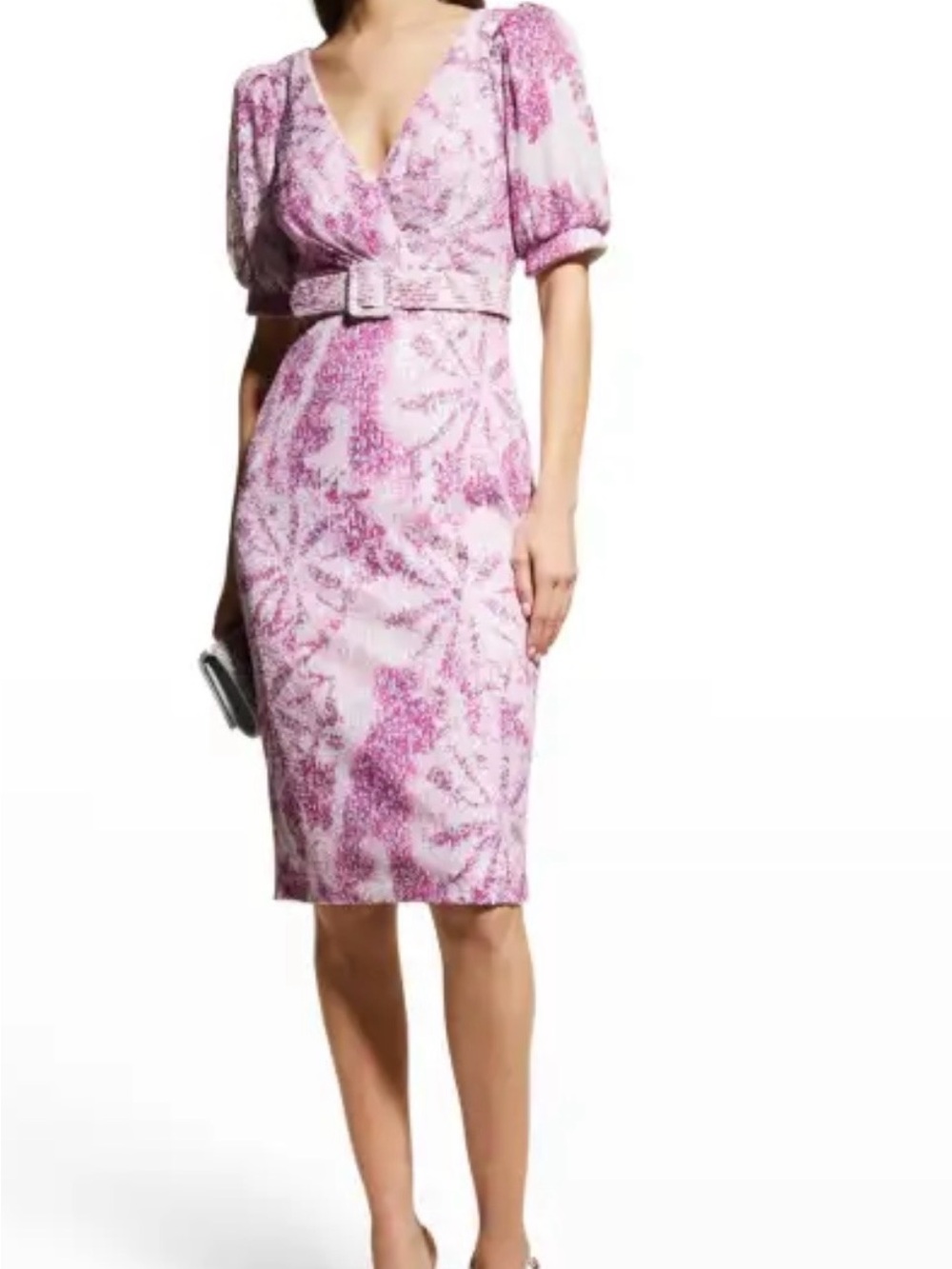 Badgley Mischka Pink Floral V-Neck Belted Midi Dress